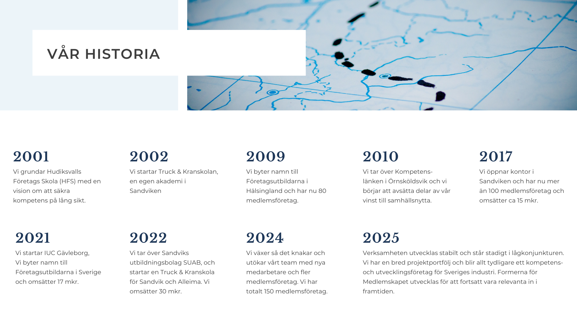 En bild med detaljer över företagsutbildarnas historia